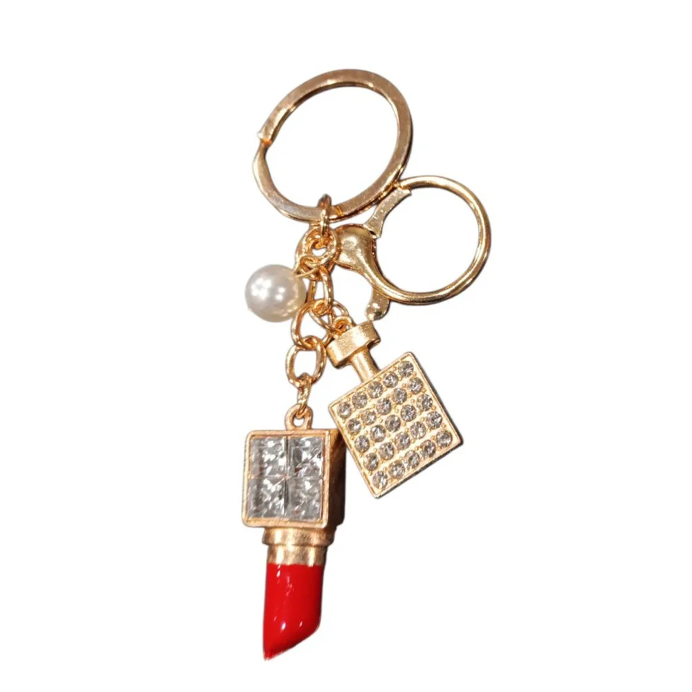Rhinestone Lipstick, Perfume Bottle, Pearl Bling Keychain Purse Charm Red & Gold